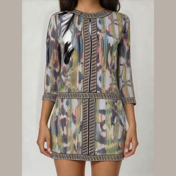 BCBGMAXAZRIA Multicolor Shift Dress Long Sleeve Sleeve Peekaboo Bodice XXS - Picture 1 of 10
